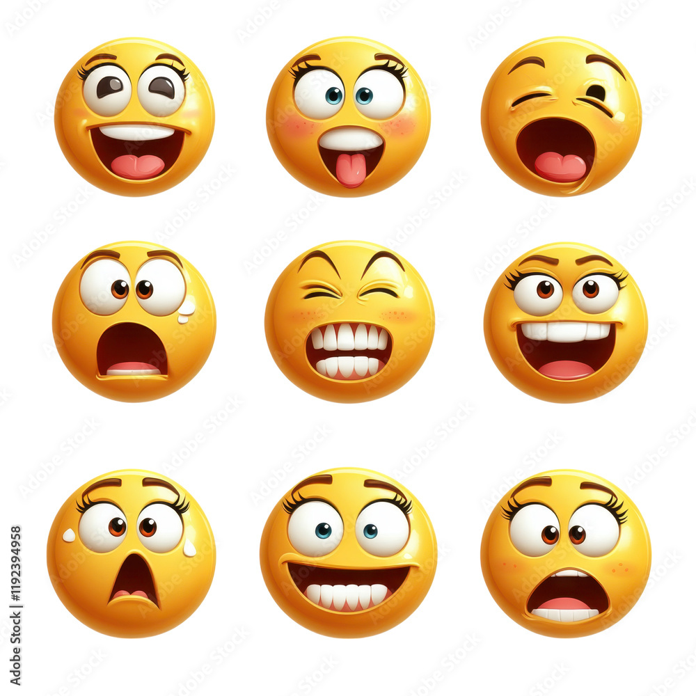 set of emoji symbols displaying various emotions like happiness, surprise, and sadness. These expressive faces convey range of feelings, perfect for communication set of emoji symbols displaying various emotions like happiness, surprise, and sadness. These expressive faces convey range of feelings, perfect for communication