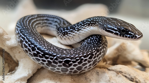 This detailed image captures the unique appearance and pattern of zamenis scalaris, showcasing its distinctive black ladder-like markings and textured scales perfect for illustrating diverse reptile s photo