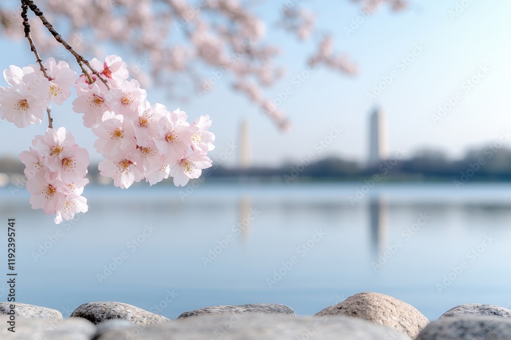 Fototapeta premium Tranquil Cherry Blossom Scene at Tidal Basin in Washington DC