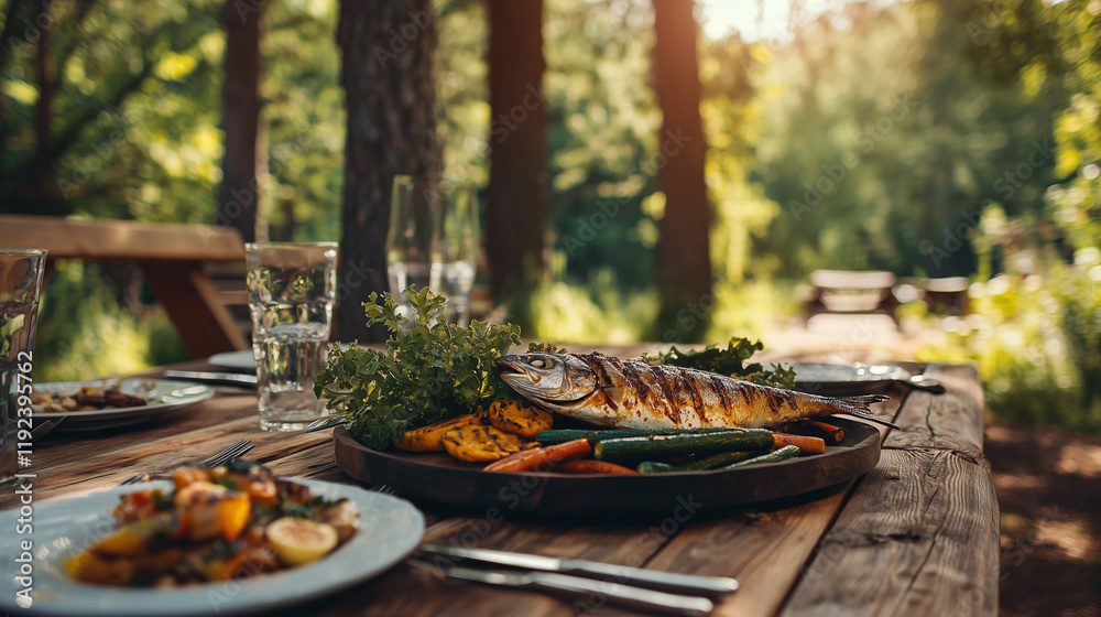 A rustic wooden table set amidst forest trees, featuring a platter of roasted vegetables and grilled fish. The earthy tones of browns, greens, and oranges enhance the natural, woodland atmosphere. A rustic wooden table set amidst forest trees, featuring a platter of roasted vegetables and grilled fish. The earthy tones of browns, greens, and oranges enhance the natural, woodland atmosphere.