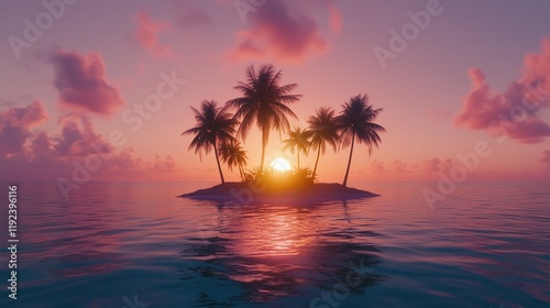 Serene Tropical Island Sunset with Palm Trees and Tranquil Sea