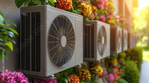 Outdoor air conditioning units surrounded by vibrant flowers