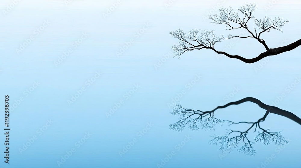 Minimal symmetry idea. A serene branch silhouette reflecting in calm blue water, evoking tranquility and peace. Minimal symmetry idea. A serene branch silhouette reflecting in calm blue water, evoking tranquility and peace.