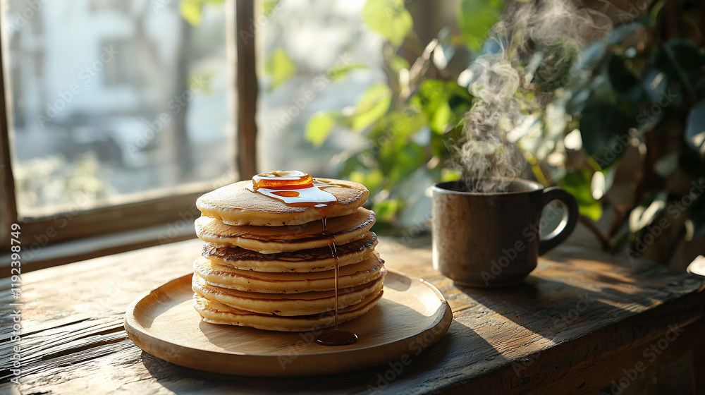 A stack of golden pancakes with maple syrup, served on a rustic wooden plate, accompanied by a steaming cup of coffee. Set against a backdrop of warm, earthy colors, creating a cozy, inviting scene. A stack of golden pancakes with maple syrup, served on a rustic wooden plate, accompanied by a steaming cup of coffee. Set against a backdrop of warm, earthy colors, creating a cozy, inviting scene.