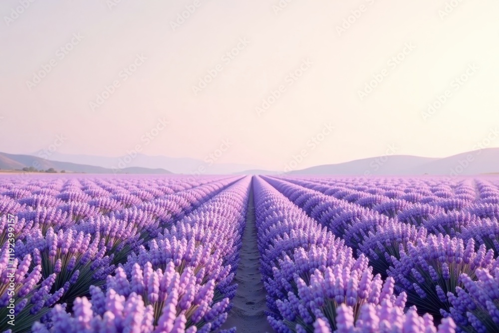 Fototapeta premium Serene Lavender Field at Sunrise Rows of Purple Blossoms Stretching to the Horizon under a Soft Pink Sky