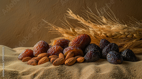 A still life of dates, figs, and almonds on a bed of sand, set against a desert landscape. Warm, earthy tones of browns, golds, and ochres evoke the natural beauty of the desert. photo