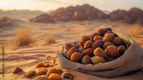 A still life of dates, figs, and almonds on a bed of sand, set against a desert landscape. Warm, earthy tones of browns, golds, and ochres evoke the natural beauty of the desert. photo