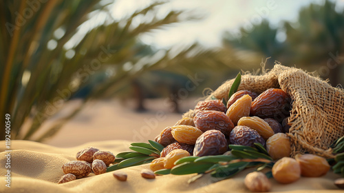 A still life of dates, figs, and almonds on sand, set against a desert landscape. Warm, earthy tones of browns, golds, and ochres highlight the natural beauty of the desert. photo