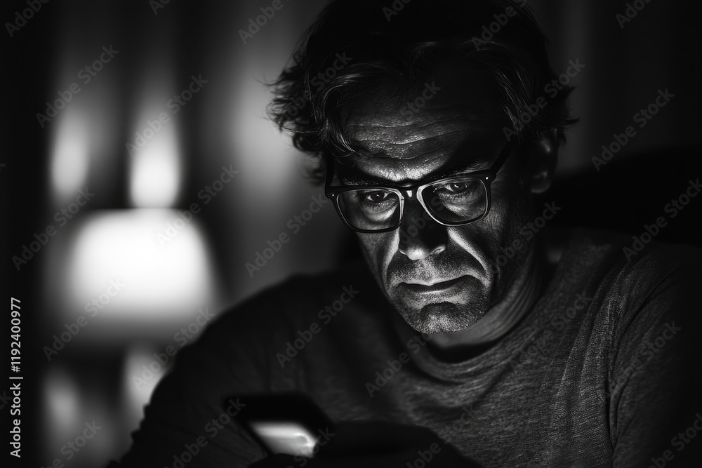 Dimly lit scene captures deep focus on phone, highlighting isola Dimly lit scene captures deep focus on phone, highlighting isola