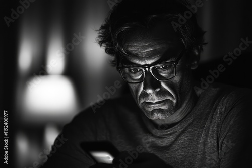 Dimly lit scene captures deep focus on phone, highlighting isola
