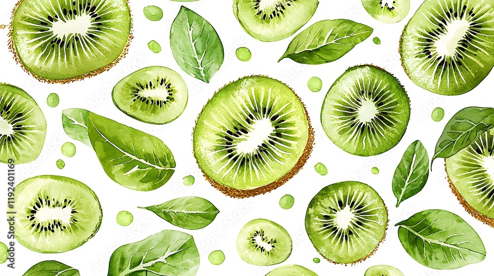 Fototapeta premium Watercolor Seamless Pattern of Sliced Kiwis and Green Leaves on White Background.