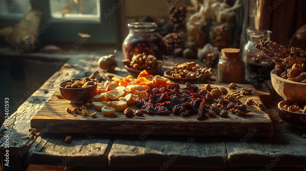 Fototapeta premium A still life of dried fruits, nuts, and spices on a wooden board. Earthy browns, reds, and golds create a warm, rustic atmosphere, highlighting the natural beauty and textures of the ingredients.