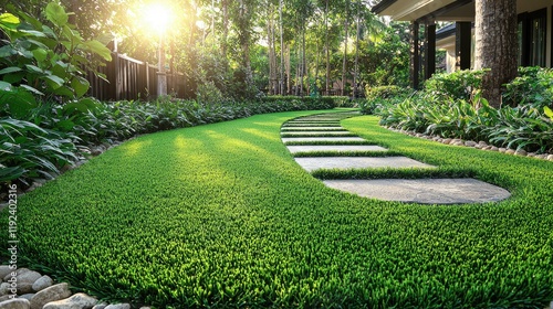 Serene Garden Landscape: Sunlit Pathway, Lush Greenery, and Stone Walkway photo