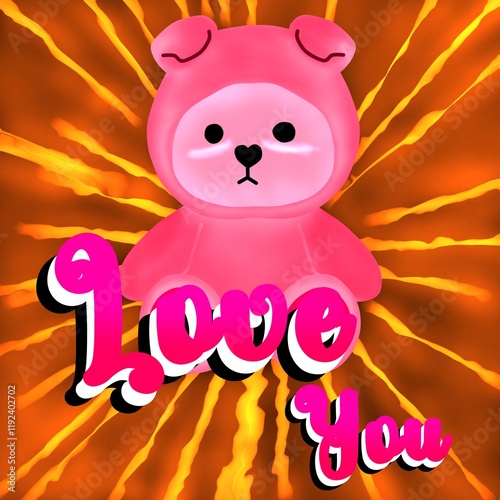 Valentine background, doll illustration, love text, Hand lettering, calligraphy, lightning effect
