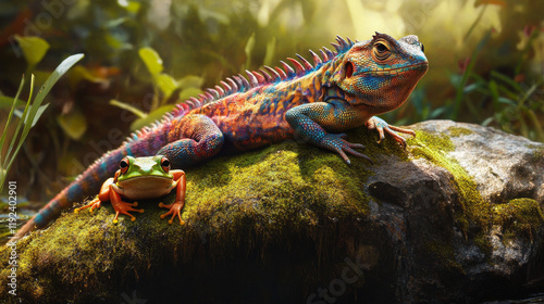 An oriental garden lizard is sunbathing with a dumpy frog on a moss-covered rock. This reptile has the scientific name Calotes versicolor.  photo