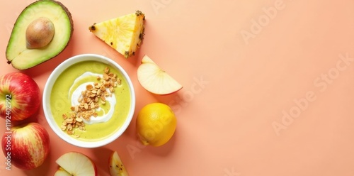 Wallpaper Mural A vibrant and healthy smoothie bowl garnished with granola and yogurt, accompanied by fresh apple slices, pineapple, avocado, and lemon, arranged on a soft peach background. Torontodigital.ca