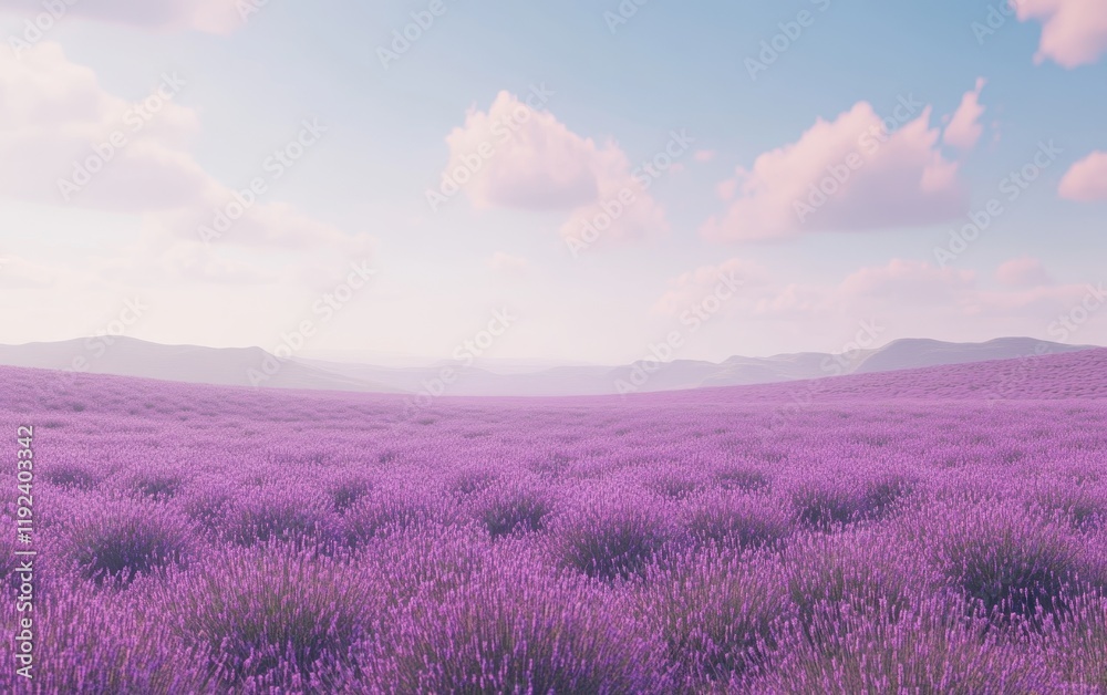 Tranquil Lavender Field Landscape Under a Soft Pastel Sky, Mountains in Background. Tranquil Lavender Field Landscape Under a Soft Pastel Sky, Mountains in Background.