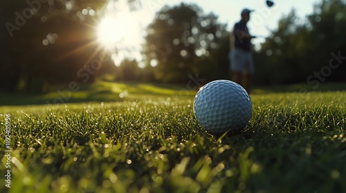 A close-up of a golf ball on grass, with a player in the background during sunset.