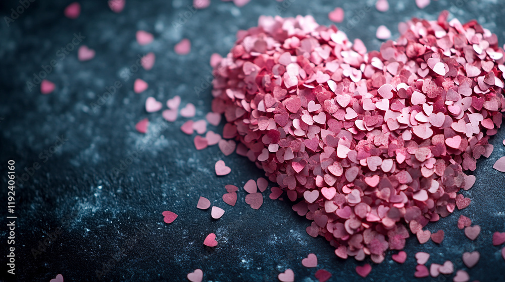 Obraz premium Heart-shaped confetti scattered on a dark surface for Valentine's Day celebration