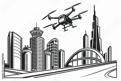 Bold illustration of a drone flying in a futuristic city