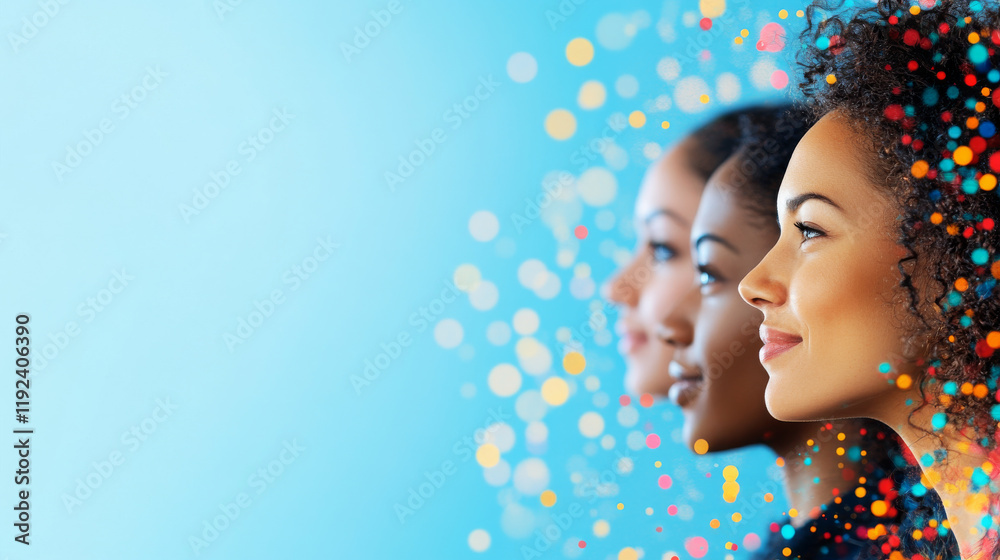 Fototapeta premium Profile view of three women of diverse backgrounds against a vibrant blue backdrop with colorful bokeh decorations, symbolizing diversity, unity, and celebration.