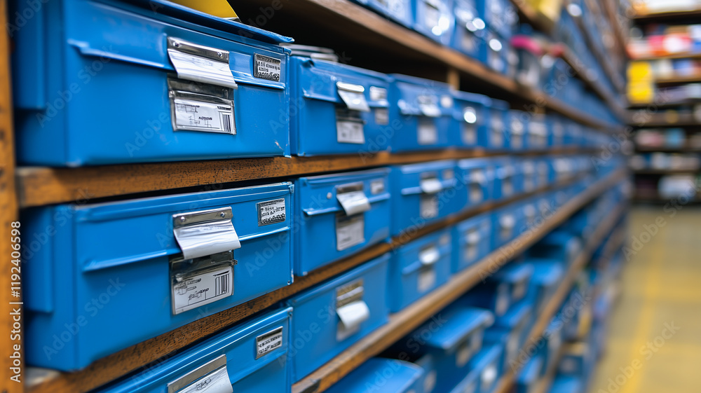 Organized Storage: Rows of blue metal storage drawers line wooden shelves in a workshop or industrial setting, exemplifying efficient organization and meticulous inventory management. Organized Storage: Rows of blue metal storage drawers line wooden shelves in a workshop or industrial setting, exemplifying efficient organization and meticulous inventory management.