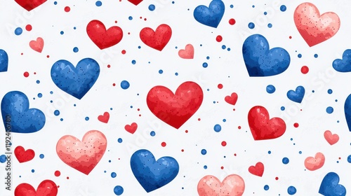Vibrant Pattern of Red and Blue Hearts on White Background for Romantic Design Projects