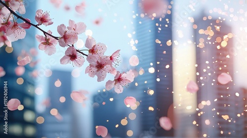 Delicate Cherry Blossom Branch with Urban Background and Soft Bokeh Effects in Spring