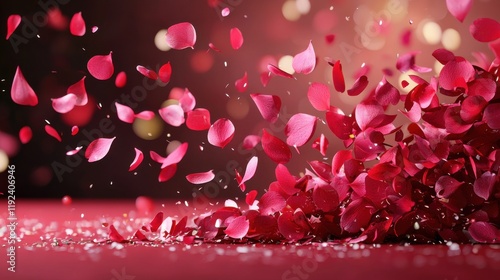 Vibrant and Delicate Red Rose Petals Falling Against a Soft Glowing Background