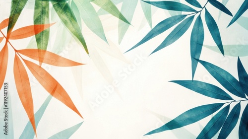 Vibrant Bamboo Leaves in Green, Orange, and Teal on Soft Background for Tranquil Decor