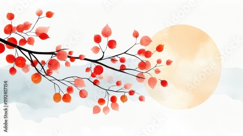 Autumn Leaves with Red Colors Against a Soft Sun and Watercolor Background Illustration