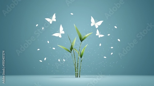 Elegant Bamboo and Butterflies Dance in Tranquil Blue Background Creating Serene Atmosphere