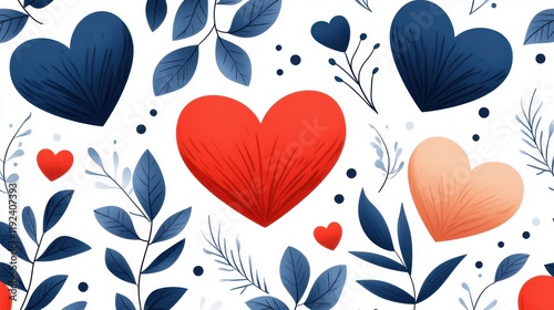 Colorful Heart and Leaf Pattern on White Background for Romantic or Nature Themes