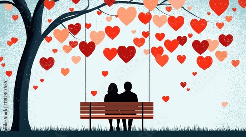 Romantic Couple Sitting on Bench Under Heart-Shaped Decorations in a Serene Outdoor Setting