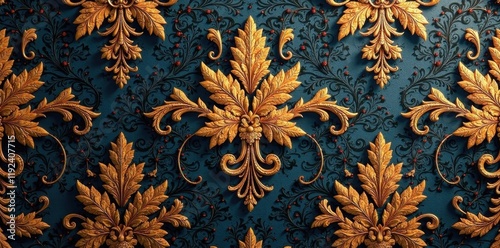 Intricate Golden Filigree Ornamentation on a Deep Blue Damask Background, a Luxurious and Elegant Decorative Wall Texture