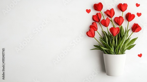 Heart-Shaped Red Flowers in White Pot with Green Leaves and Small Red Hearts on Light Background