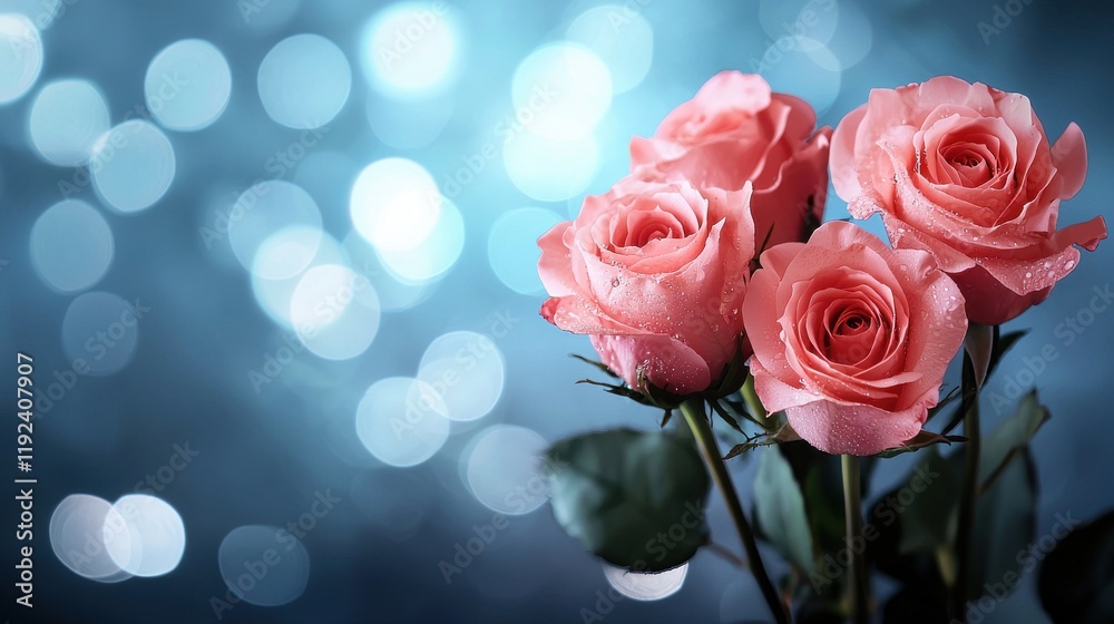 Beautiful Pink Roses with Water Drops on a Shimmering Blue Background for Romantic Themes Beautiful Pink Roses with Water Drops on a Shimmering Blue Background for Romantic Themes