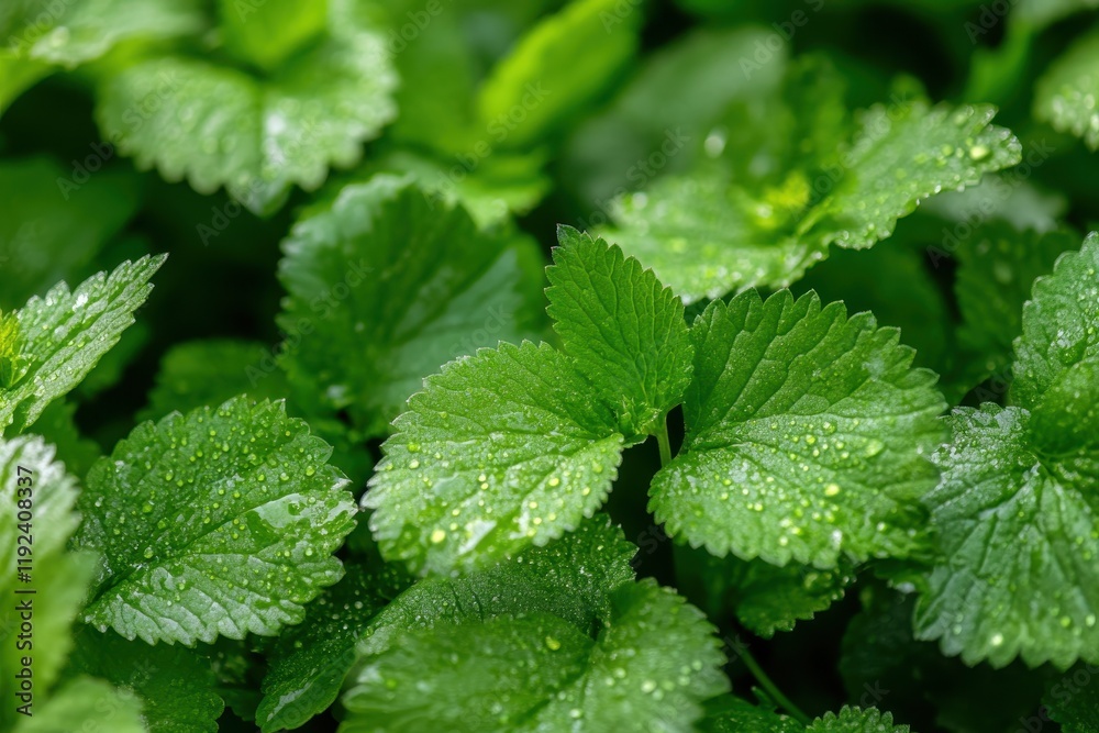Lush Green Lemon Balm Leaves with Water Droplets, Close Up Lush Green Lemon Balm Leaves with Water Droplets, Close Up