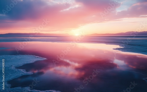 Serene Salt Lake Sunset Reflective Pink Sky over Icy Shoreline.