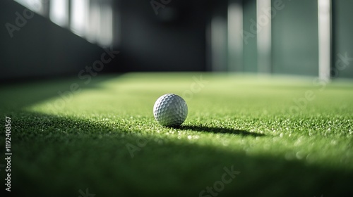 A close-up of a golf ball resting on artificial grass in a well-lit indoor space.