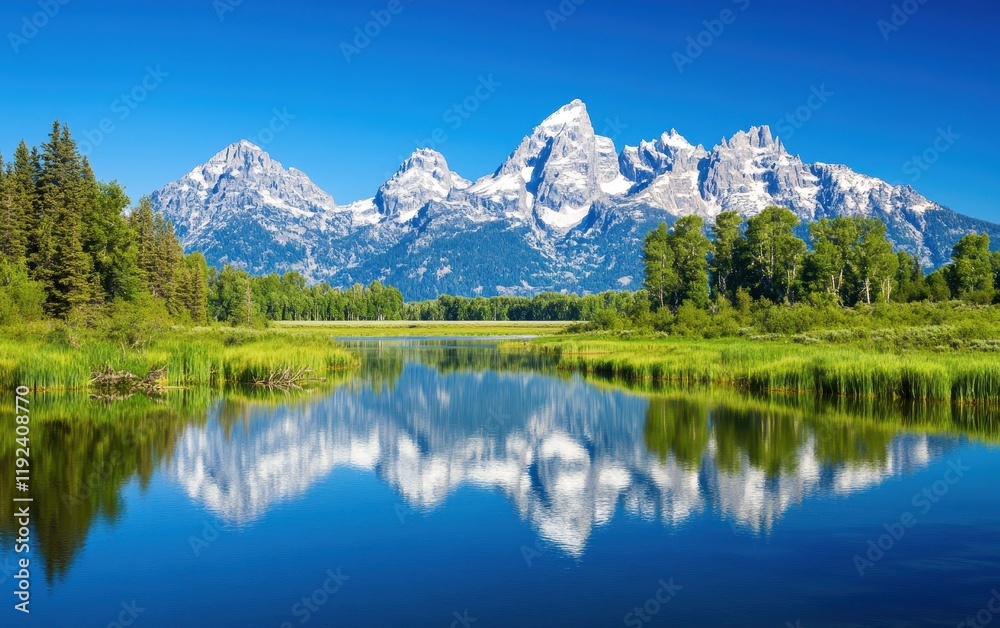 Naklejka premium Majestic Grand Teton Mountain Range Reflected in Calm Lake under Clear Blue Sky.