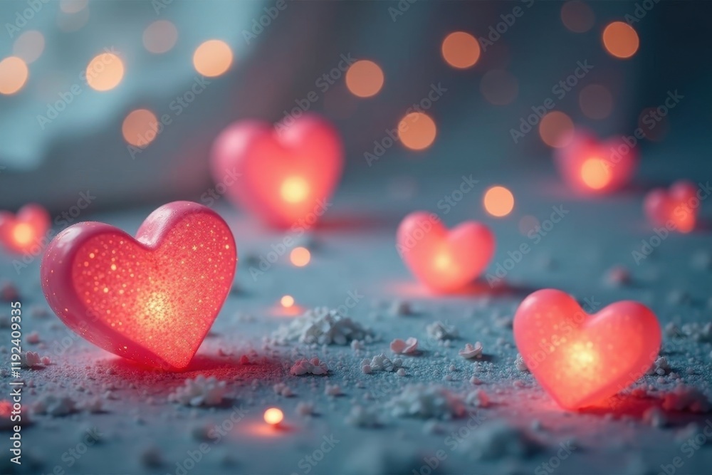 Enchanted Hearts Glow Softly on a Snowy Surface, Illuminated with Warm Lights Enchanted Hearts Glow Softly on a Snowy Surface, Illuminated with Warm Lights