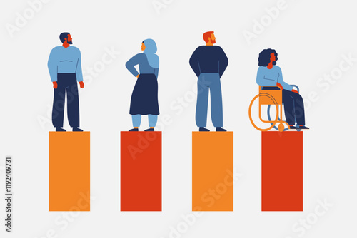 Different people with equal rights and position in society. women and men in the same career growth conditions and pay levels. Gender equality in business. vector illustration 
