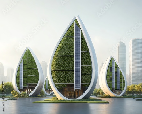 Modern eco-friendly buildings with green facades, designed for sustainability and urban living.
