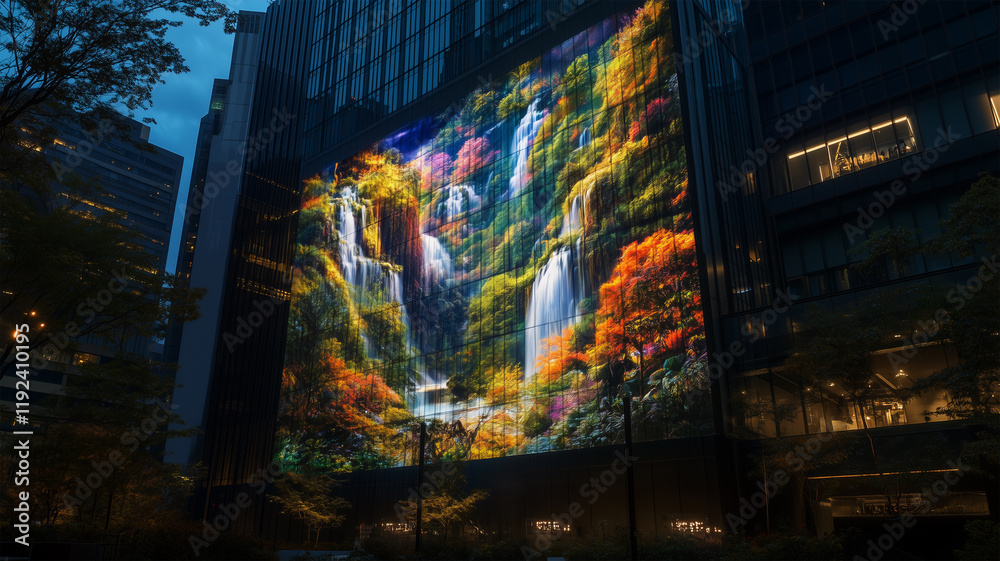 Obraz premium ビルの壁面に映し出された自然の美が融合する都市の夜景
