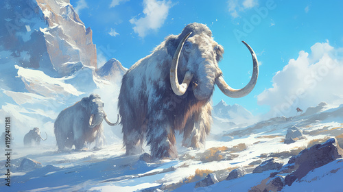 The image depicts a prehistoric scene with woolly mammoths in a snowy landscape with rocky formations and a blue sky with scattered clouds photo