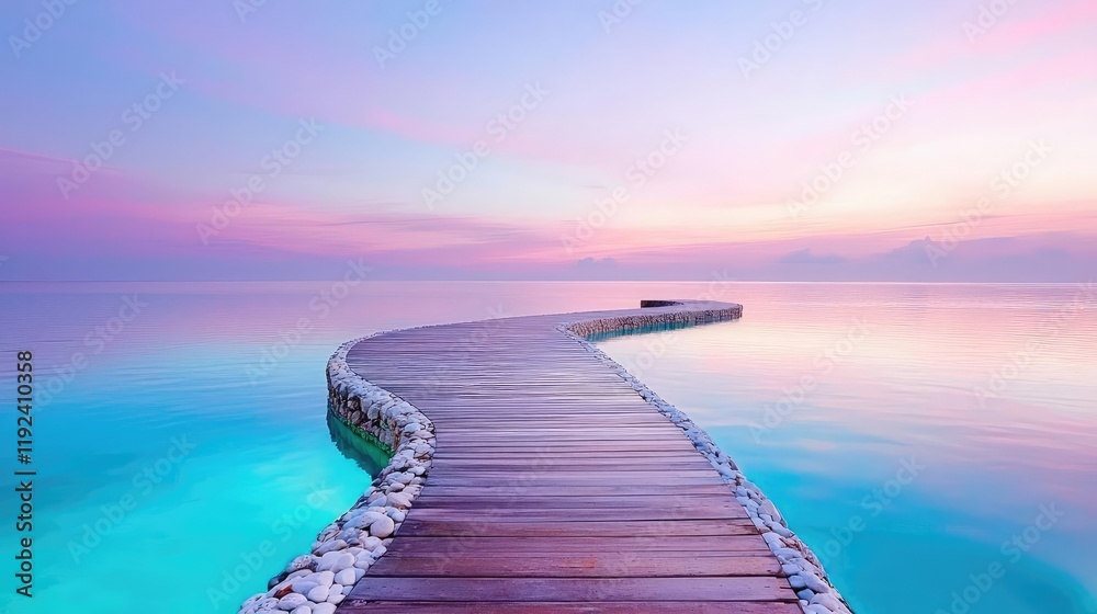 Obraz premium Minimal symmetry idea. A serene wooden pathway leading over tranquil waters under a pastel sky.