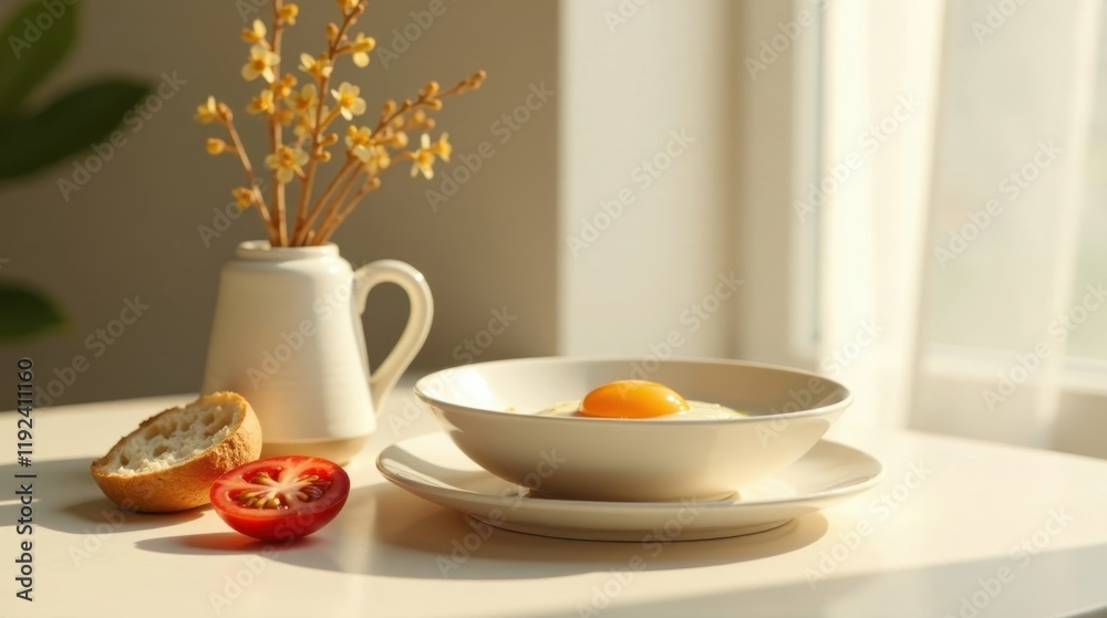 A sunny morning breakfast scene featuring a single fried egg in a bowl, accompanied by a piece of bread and a tomato slice, all set against the backdrop of a vase with delicate yellow flowers. A sunny morning breakfast scene featuring a single fried egg in a bowl, accompanied by a piece of bread and a tomato slice, all set against the backdrop of a vase with delicate yellow flowers.
