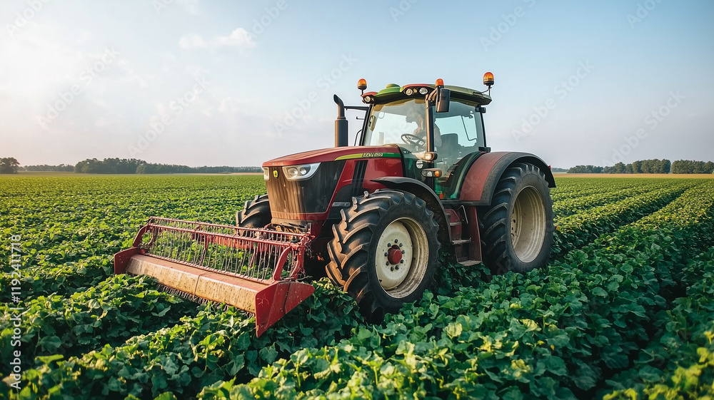 Obraz premium Red Tractor in Field at Sunset: A powerful red tractor diligently cultivates a vibrant green field at sunset, embodying the spirit of agriculture and hard work. 