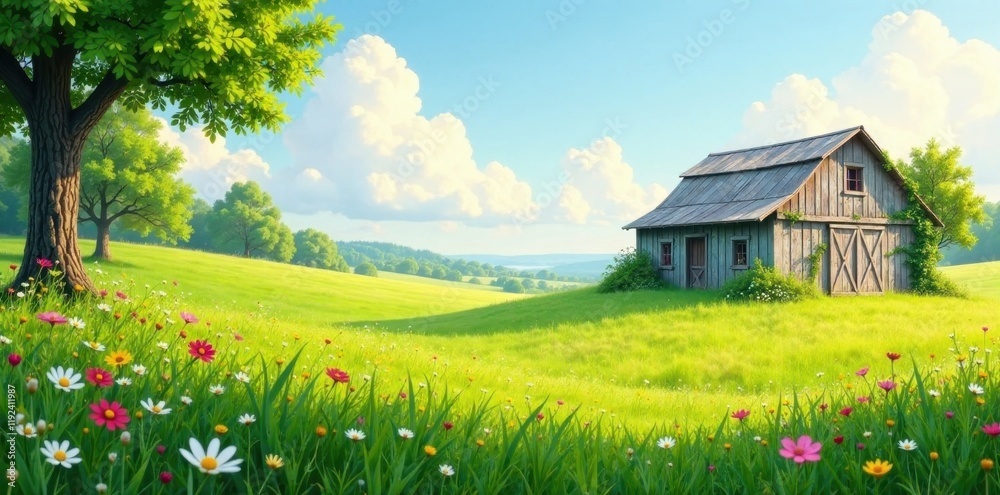 Serene Rustic Barn in a Sunny Meadow with Blooming Wildflowers Serene Rustic Barn in a Sunny Meadow with Blooming Wildflowers